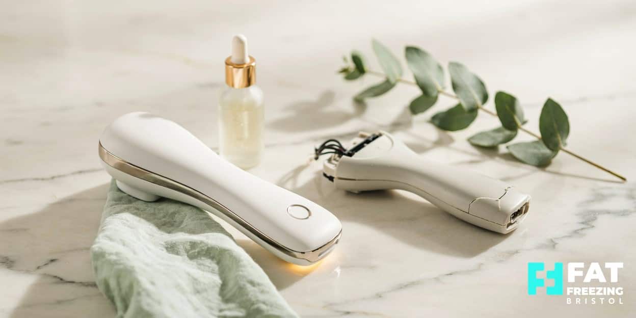 Still-life contrasting a sleek premium fat freezing applicator in sharp focus with a cheap generic plastic device behind it, illustrating why device quality matters