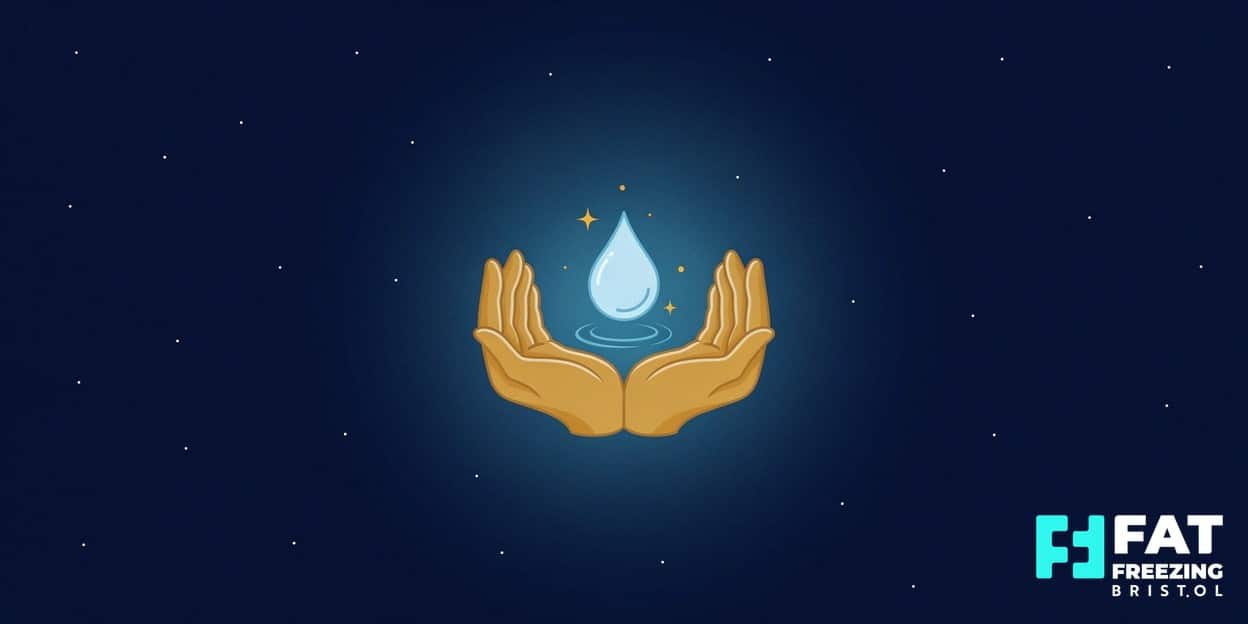 Illustrated cupped golden hands cradling a glowing blue water droplet on a midnight-blue background, symbolising the gentle aftercare and recovery recommended after fat freezing in Bristol