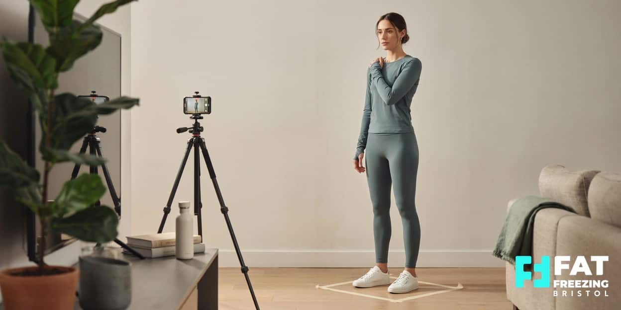 A person setting up a phone on a tripod to take a consistent before-and-after progress photo against a plain wall, illustrating the standardised documentation technique for fat freezing