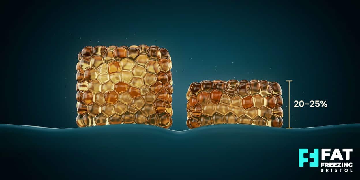 3D medical render comparing a thicker and a thinner fat-layer cross-section with a 20 to 25 percent reduction label, illustrating the typical cryolipolysis result per session