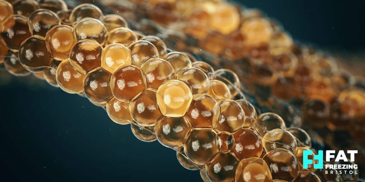 A photorealistic 3D render of clustered translucent golden subcutaneous fat cells, illustrating the fat cells targeted during fat freezing treatment