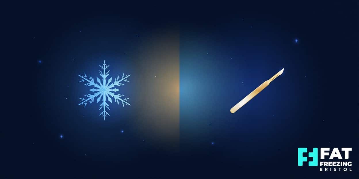 A flat-vector illustration on a midnight-blue background of a delicate frosted snowflake beside an elegant golden surgical scalpel, representing non-invasive fat freezing versus surgical liposuction — a comparison for Bristol patients weighing their options