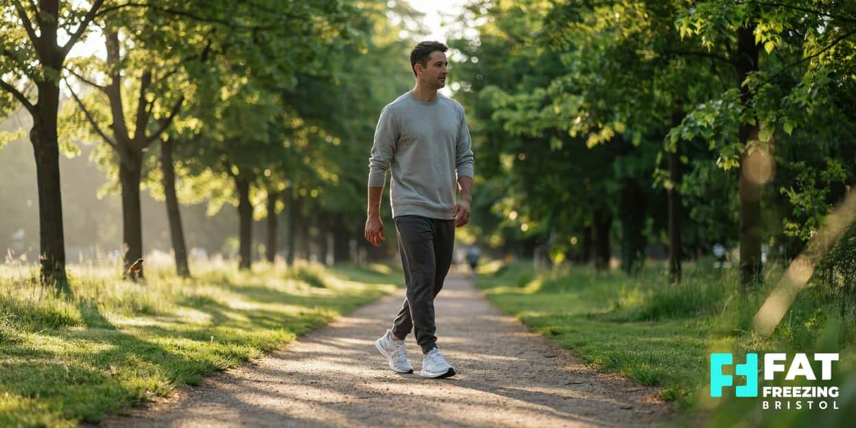 A man in activewear walking briskly along a sunlit tree-lined path, conveying a healthy maintained lifestyle that helps preserve fat freezing results long-term