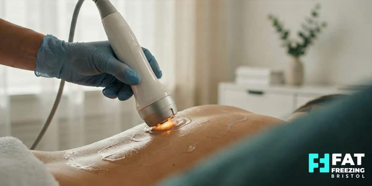 Close-up of a gloved hand gliding a modern ultrasound cavitation handpiece over gel, with soft concentric waves radiating from the contact point