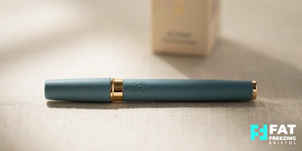 A still-life close-up of a single slim weight-loss injector pen with a teal and gold finish on a softly lit clean surface, representing Wegovy as compared to fat freezing