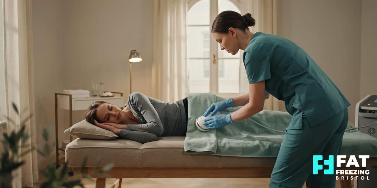 Practitioner in teal scrubs positioning a cooling applicator against a draped client’s flank on a treatment couch during a fat freezing session