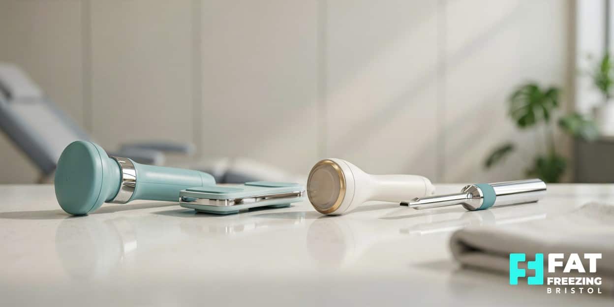 A neat lineup of distinct body-contouring device handpieces including a cryolipolysis applicator, electromagnetic paddle, ultrasound head and radiofrequency wand on a white clinic counter