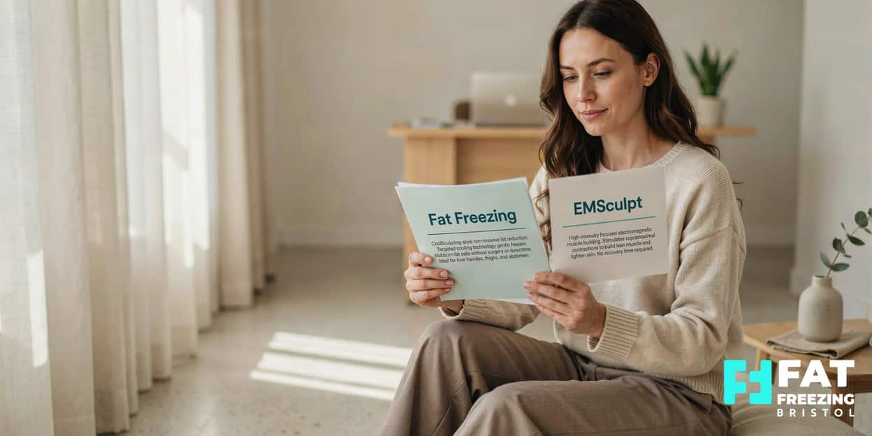 A woman in a calm clinic comparing two treatment leaflets labelled Fat Freezing and EMSculpt in soft daylight, weighing her fat reduction options